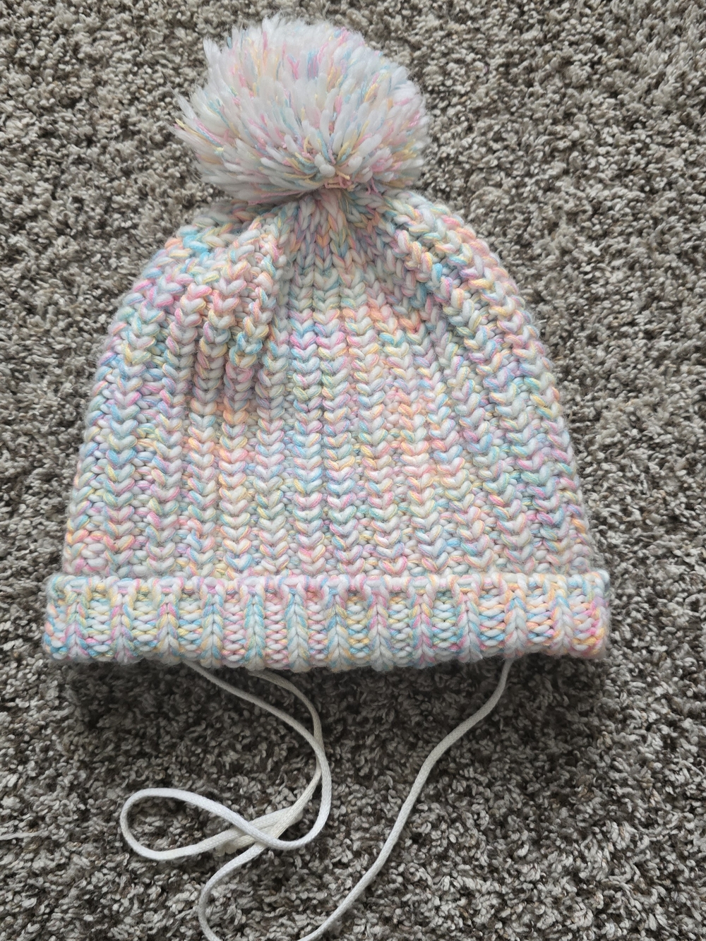 Kids Pastel Multicolor Pom Pom Knit Hat with Ear Ties